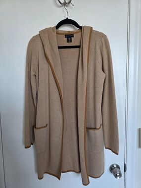 Adrienne Vittadini Camel and Beige Hooded Open Cardigan- Medium